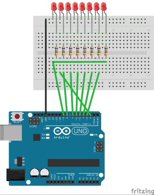 Rys. 6. Widok połączeń Dołączenie 8 diod LED do Arduino Uno - wykonanie połączeń