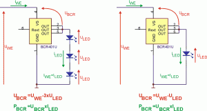 Rys. 3. Schematy aplikacyjne BCR401U (z lewej – zasilany łańcuch LED, 
z prawej – zasilana pojedyncza LED)