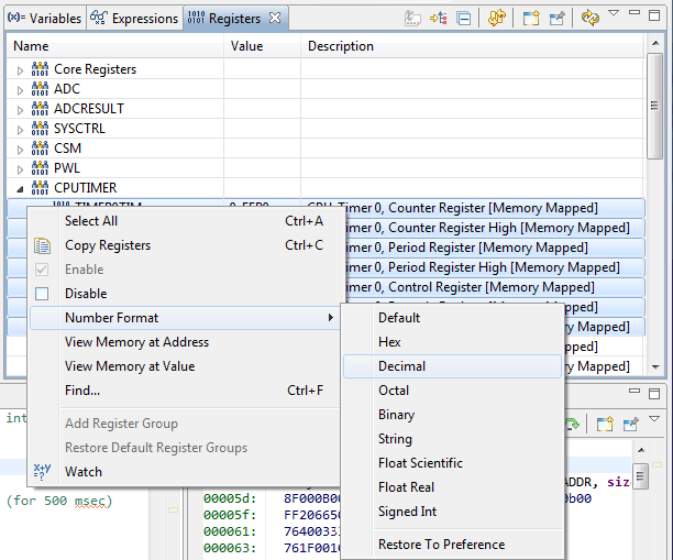 Rys. 23. Okno Registers w trakcie zmiany formatu prezentacji wartości rejestrów modułu CPU Timer0