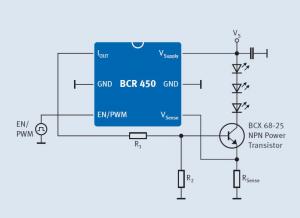 Rys. 3. Schemat aplikacyjny 
układu BCR450 z zewnętrznym tranzystorem mocy