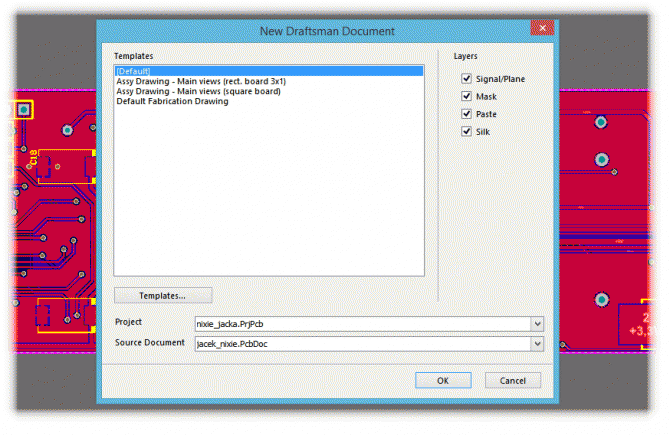 Rys. 2. Lista wzorców (templates) dokumentów PCB Draftsman (na obrazku zestaw domyślny)