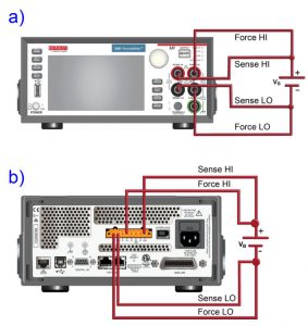 Rys. 3. 4-przewodowe połączenia SMU z obiektami badanymi (w przedstawionym przykładzie badany jest akumulator)