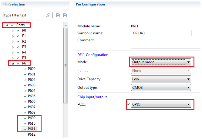 Rys. 35. Konfiguracja linii portów GPIO sygnałów sterujących P609 (Touch Panel Reset), P610 (LCD_RESET) i P611 (LCD_CS)