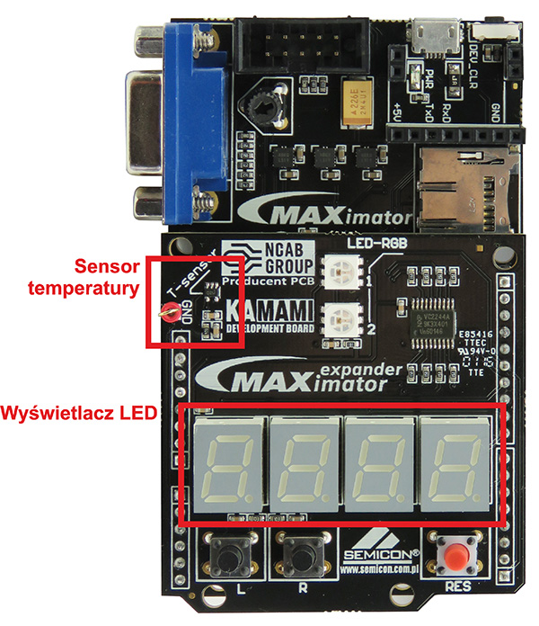  Fot. 2. Rozmieszczenie elementów używanych w projekcie na shieldzie zestawu maXimator