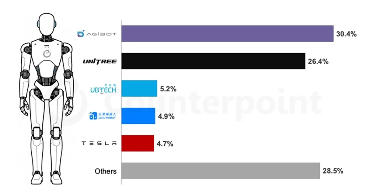 Roczny udział w rynku instalacji humanoidalnych według producentów OEM, 2025 r.