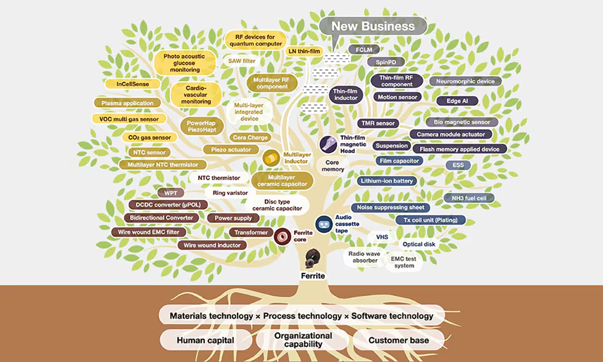 TDK rozszerzyło swoje obszary technologiczne, wywodzące się z technologii magnetycznej ferrytu. „Drzewo ferrytu” ilustruje tę ewolucyjną ścieżkę. Z pnia ferrytu rozgałęziły się gałęzie w różnych dziedzinach, w tym w komponentach pasywnych, komponentach magnetycznych, czujnikach i urządzeniach energetycznych.