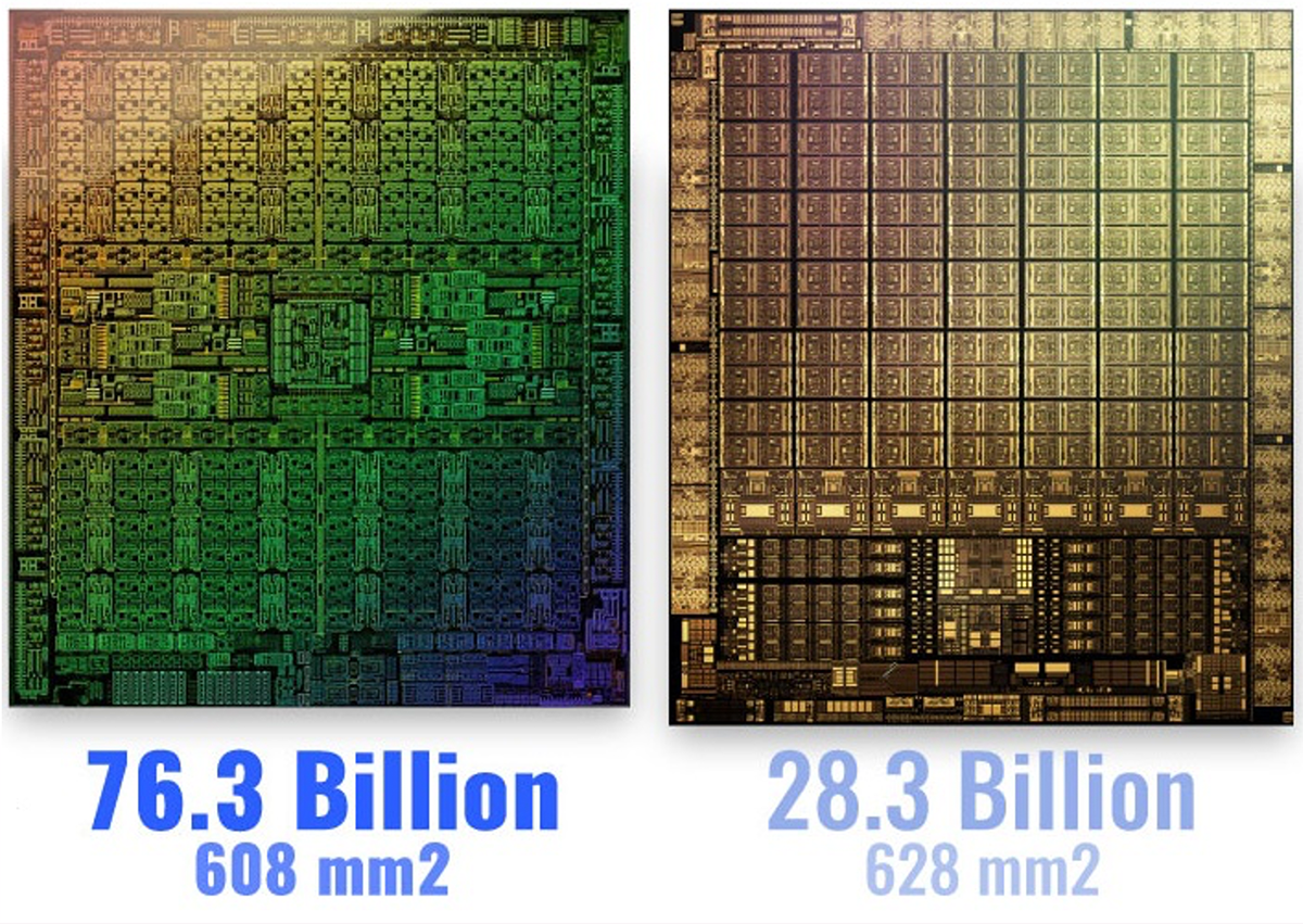 Zdjęcia chipów procesorów dla kart graficznych RTX4000 (z lewej) i dla RTX3060 (z prawej)