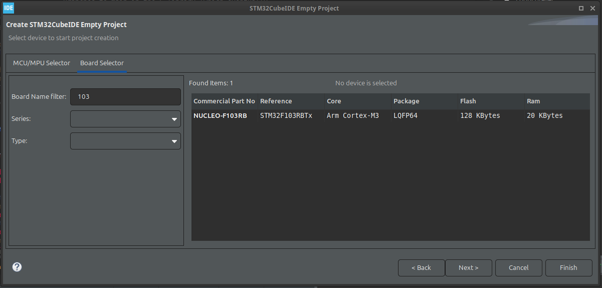 Wybór NUCLEO-F103RB w STM32CubeIDE