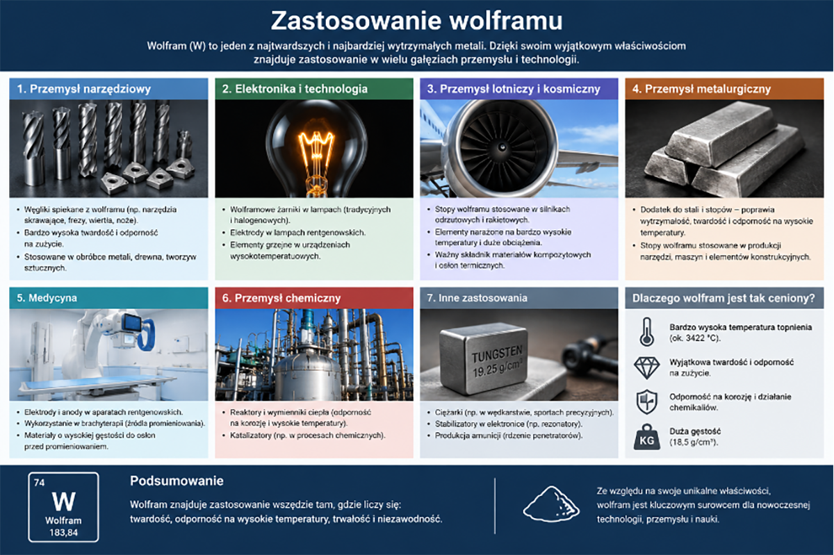 Zastosowania wolframu (rysunek wygenerowany przez autora przy pomocy AI)