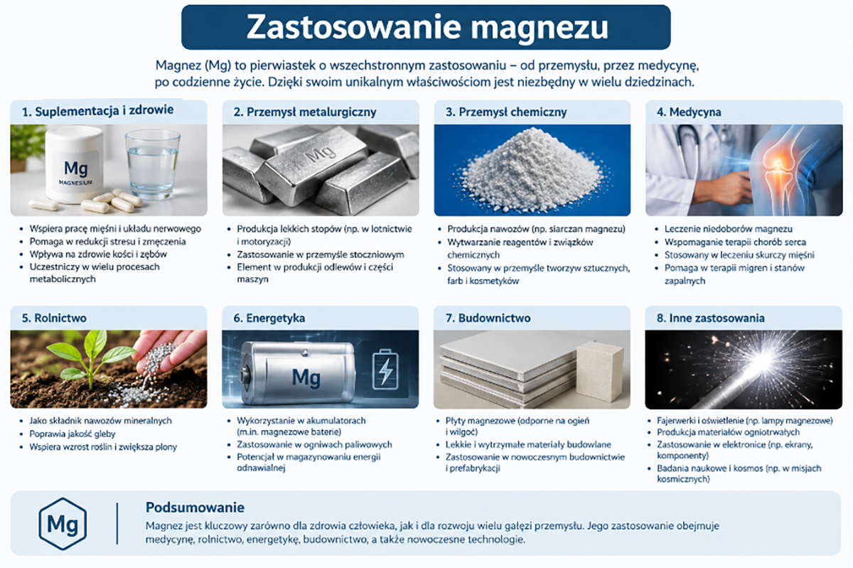Zastosowanie magnezu (rysunek wygenerowany przez autora przy pomocy AI)