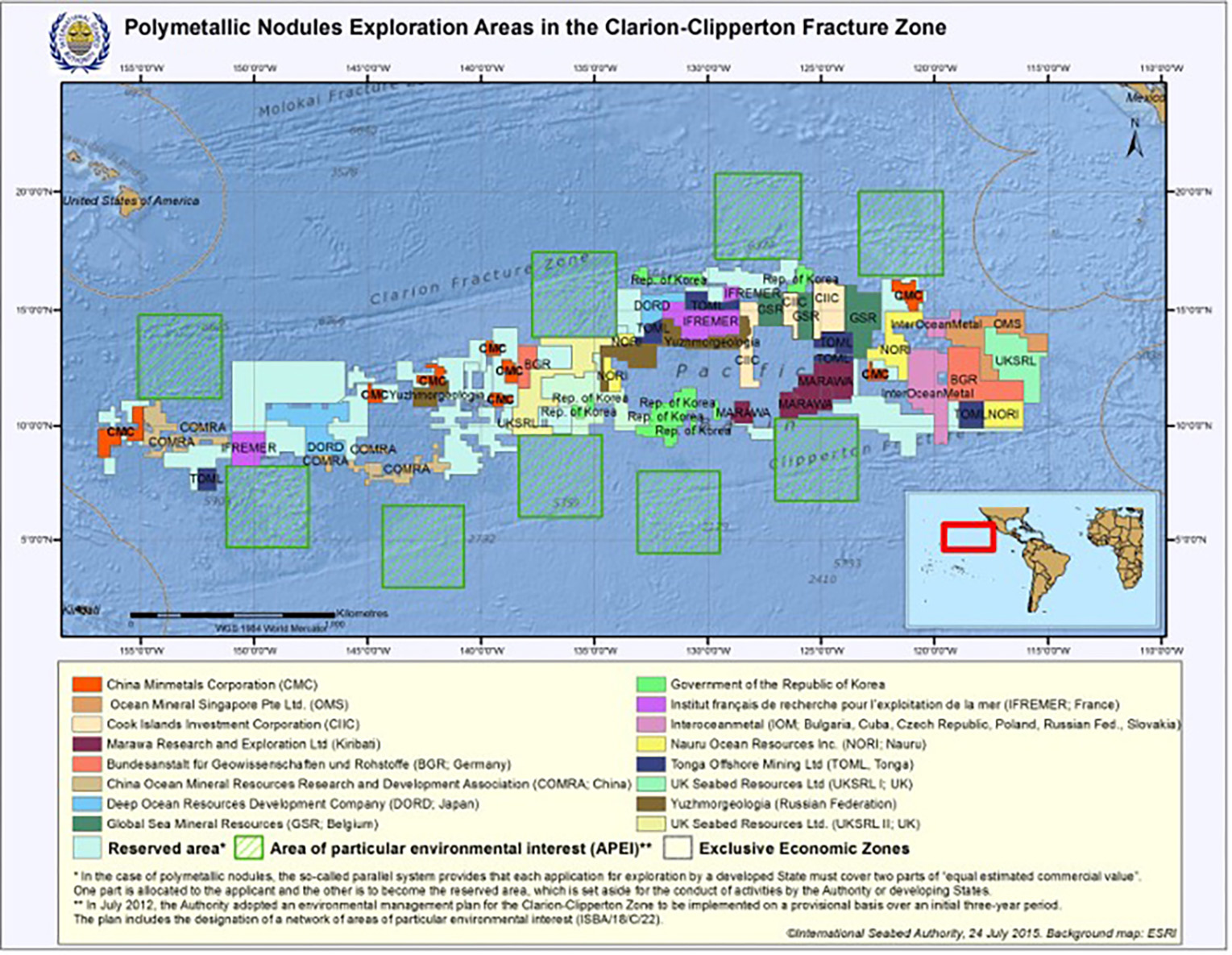 Strefa Clarion-Clipperton ( rysunek pochodzi z artykułu - A stochastic techno-economic assessment of seabed mining of polymetallic nodules in the Clarion Clipperton Fracture Zone - https://www.sciencedirect.com/science/article/pii/S0308597X1730903X z 2018 roku)