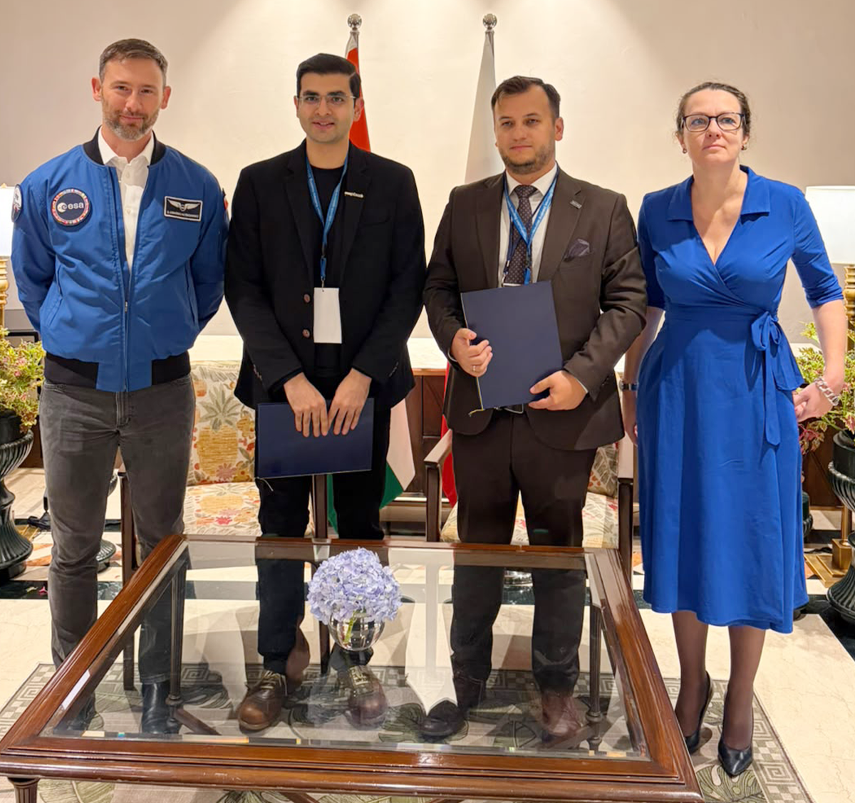 Dr Sławosz Uznański-Wiśniewski, polski astronauta; Awais Ahmed, CEO Pixxel; Mikołaj Podgórski, COO Scanway S.A.; Marta Wachowiak, prezeska Polskiej Agencji Kosmicznej