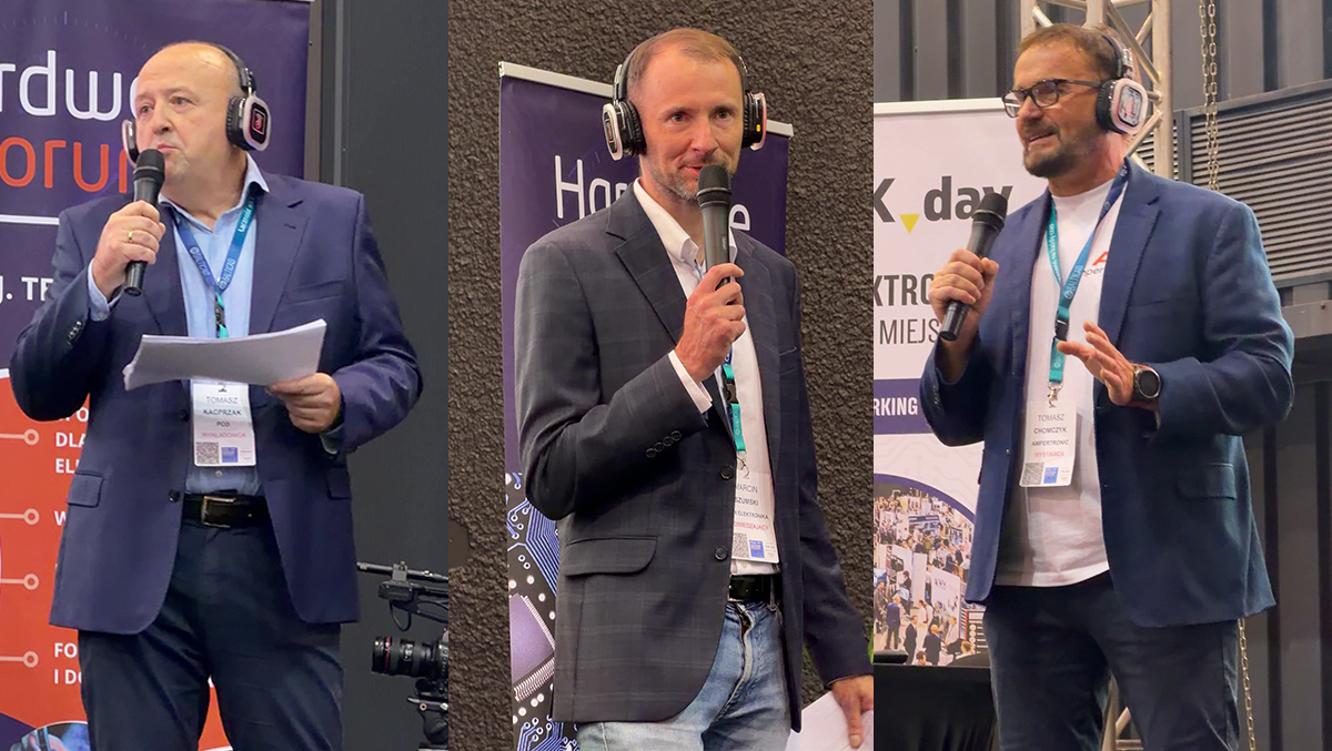 Prelegenci podczas TEK.day Gdańsk 2026. Od lewej: Tomasz Kacprzak z PCO S.A., Marcin Szumski z MSX Elektronika i Tomasz Chomczyk z Ampertronic. Zdjęcie i kadry z nagrań wydarzenia