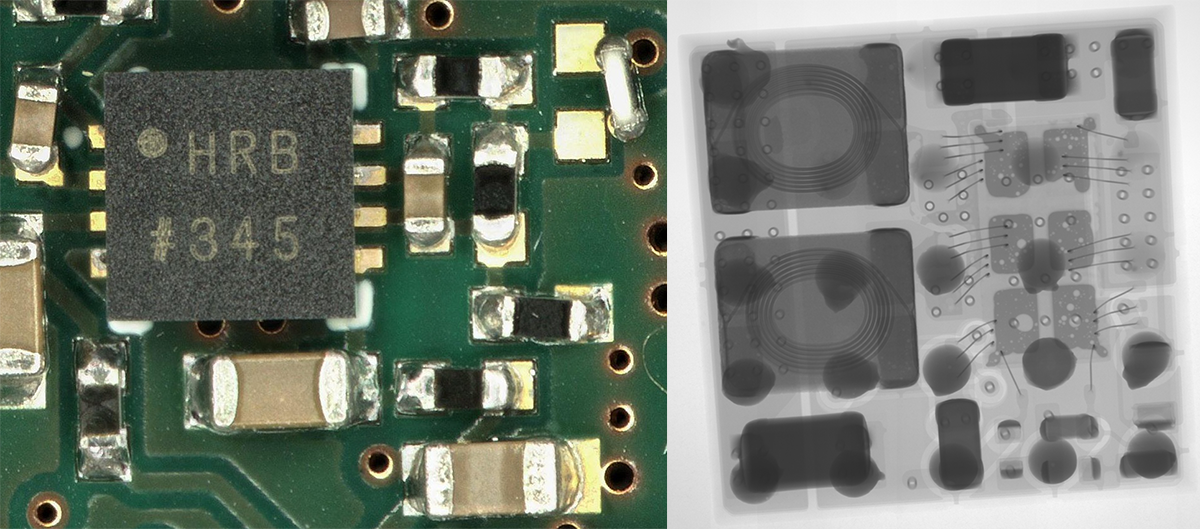 Dwa niezależne materiały z prezentacji: fotografia pól i połączeń na PCB oraz obraz RTG innego zespołu. Materiały przekazane przez Tomasza Kacprzaka z PCO; fotografie nie przedstawiają tego samego egzemplarza.