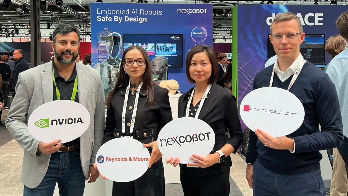 Od lewej: Thejas Gupta Shivashankar, dyrektor ds. rozwoju biznesu i ekosystemu partnerów w firmie NVIDIA, Ferdaousse Ziari, dyrektor ds. inżynierii (Europa) w firmie Reynolds and Moore, Jenny Shern, dyrektor generalna NEXCOM Robotic Solutions (NexCOBOT), dr Florian Weisshardt, dyrektor Synapticon Intelligence