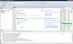 Rys.11. IAR EW - okno emulatora, projekt Oblicz PI: a) kod źródłowy programu b) kod maszynowy programu c) okno komunikatów emulatora