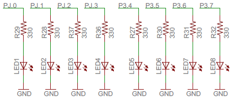 Rys. 2. Schemat podłączenia diod LED do wyprowadzeń mikrokontrolera