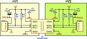 Rys. 1. Schemat elektryczny interfejsu testowego z układem ADuM1250
