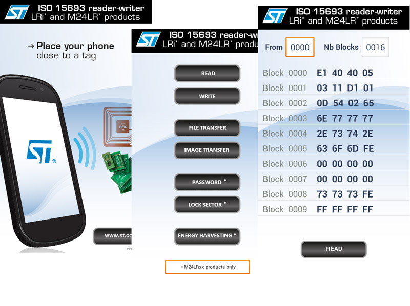 Rys. 2. Przykładowe ekrany aplikacji na Android do obsługi via NFC pamięci M24LR