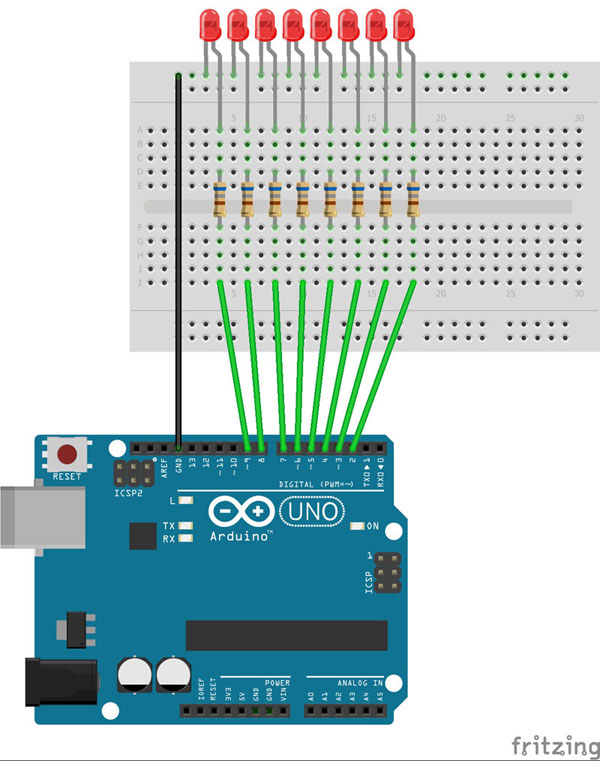 Rys. 3. Dołączenie 8 diod LED do Arduino Uno - wykonanie połączeń