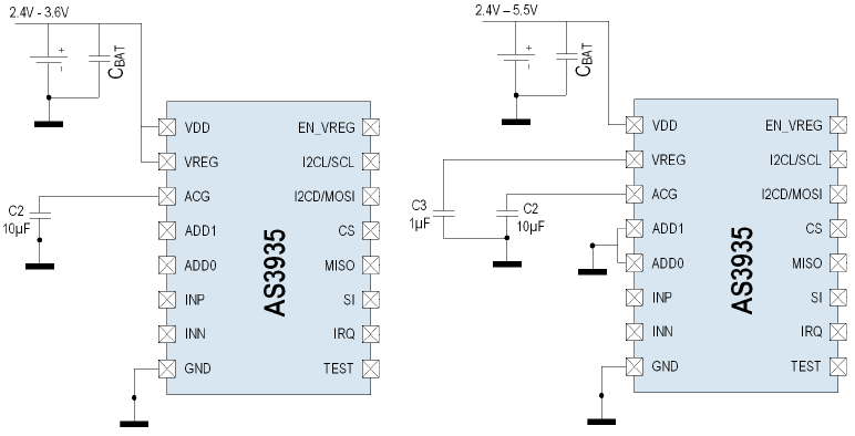 Rys. 3. Schemat obrazujący sposób zasilania czujnika AS3935: z wyłączonym regulatorem napięcia (rysunek po lewej stronie) i włączonym regulatorem napięcia (rysunek po prawej stronie) [3]