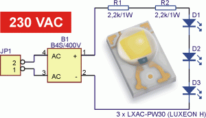 Rys. 1. Schemat elektryczny modułu z diodami Luxeon H z rezystancyjnym ogranicznikiem prądu