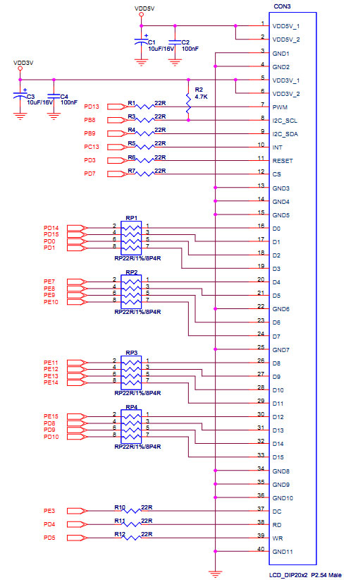 Rys. 2. Schemat dołączenia modułu wyświetlacza LCD do mikrokontrolera w zestawie STM32F4DISCOVERY