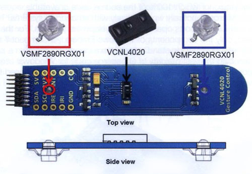 Rys. 2. Zdjęcie i rzut płytki Gesture Control Sensor Board, przedstawiające czujnik odległości i diody LED zamontowane po obu jego stronach