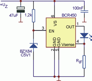 Rys. 1. Typowy schemat aplikacyjny układu BCR450 (dla prądów obciążenia <85mA)