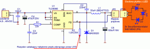 Rys. 2. Schemat zestawu testowego – stabilizowany jest prąd wyjściowy układu, zasilający LED (płytkę z trzema LED należy dołączyć do złącza JP2 zachowując odpowiednią polaryzację)