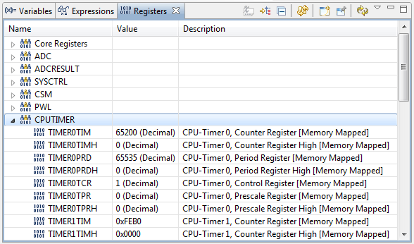 Rys. 24. Okno Registers po zmianie formatu prezentacji wartości rejestrów modułu CPU Timer0