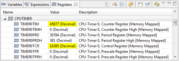 Rys. 27. Okno Registers ze zmienioną zawartością rejestrów modułu CPU Timer0