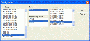 Rys. 2. Okno wyboru interfejsu programującego, 
typu interfejsu do 
komunikacji z mikrokontrolerem i typu mikrokontrolera w STVD