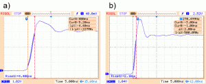 Rys. 5. 
Porównanie pomiaru czasu narastania tego samego sygnału oscyloskopami a) DS1052E, b) DS1202CA