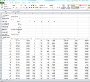 Rysunek 3. Przykładowy arkusz Excela zawierający zaimportowane z pliku .CSV wyniki pomiarów