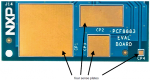 Rys. 1. Widok czterech czujników pojemnościowych na płytce PCF 8883