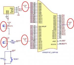 Rys. 1. Fragment schematu elektrycznego urządzenia z mikrokontrolerem STM32F107 programowanym w trybie DFU 
