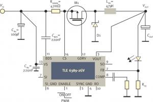 Schemat aplikacyjny 
sterownika przetwornicy TLE6389 z zewnętrznym tranzystorem mocy
