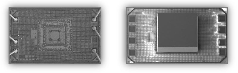 Fot. 3. Wygląd struktury CMOS układu Si50x (z lewej strony) oraz struktury CMEMS (z zamontowanym rezonatorem MEMS – po prawej stronie zdjęcia)
