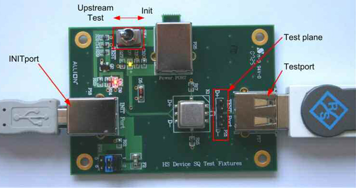 Rys. 9. Płytka testowa HS Device SQ jest podłączona do komputera PC za pomocą portu INIT i kabla USB. Przykładowe testowane urządzenie – pamięć zewnętrzna – jest podłączone do portu TEST płytki