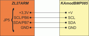 Rys. 1. Schemat połączeń pomiędzy KAmodBMP085 i ZL27ARM