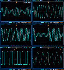 Rys. 2. Przykłady modulacji przebiegu wyjściowego prezentowanego generatora - widok na ekranie oscyloskopu
